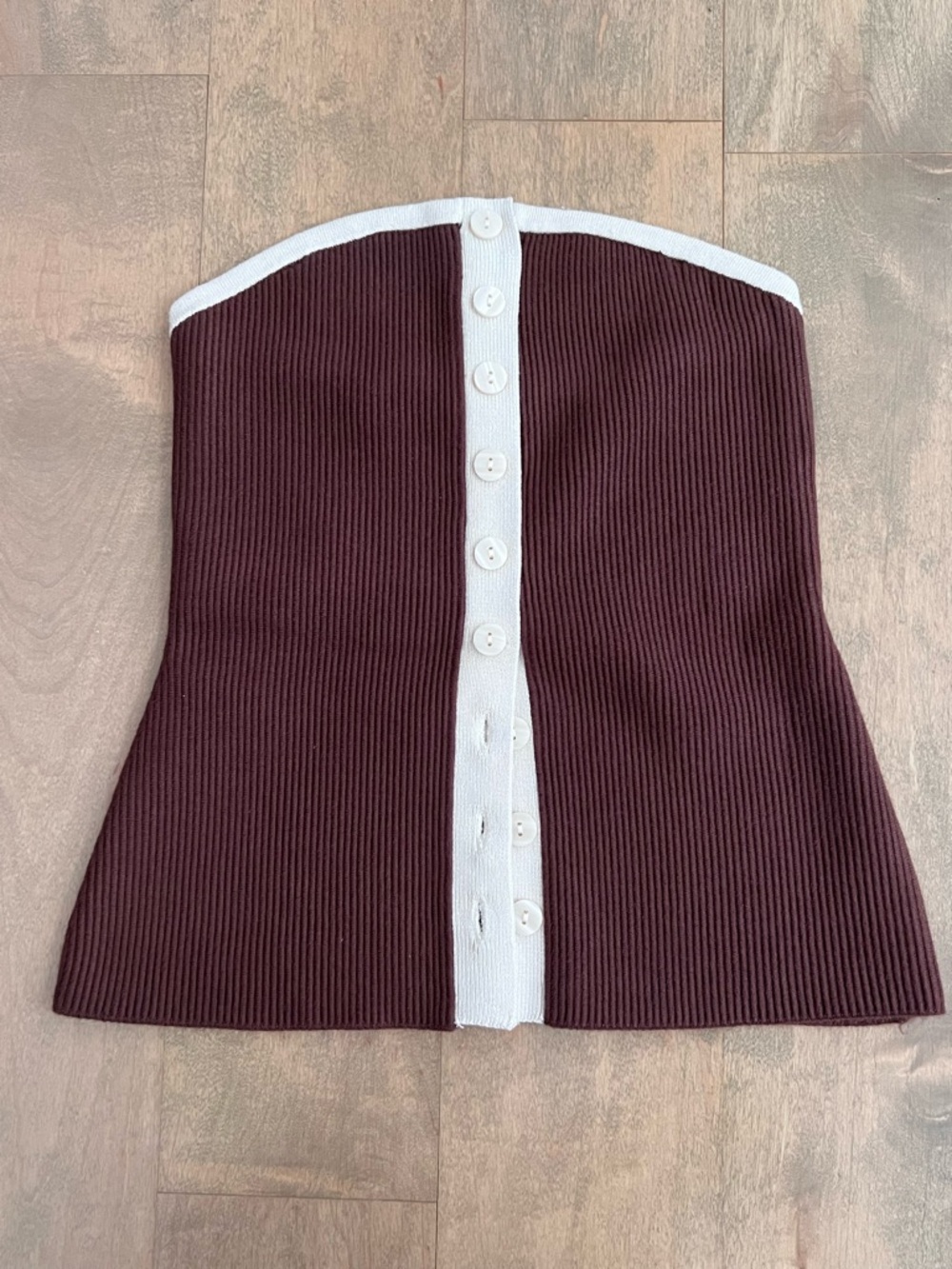 Abercrombie & Fitch Brown Strapless Ribbed Button-Front Top with White Trim